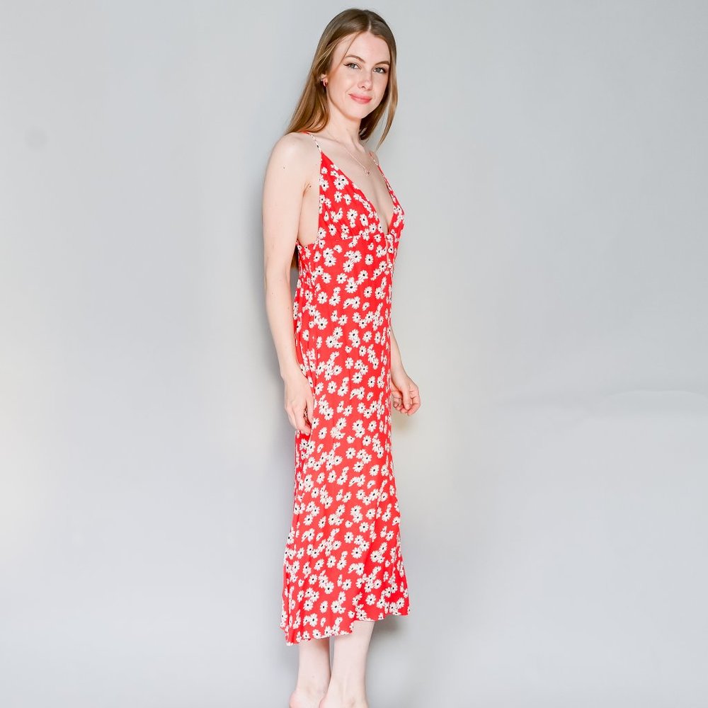 REFORMATION Red Floral Print V-Neck Midi Dress - Picture 3 of 6